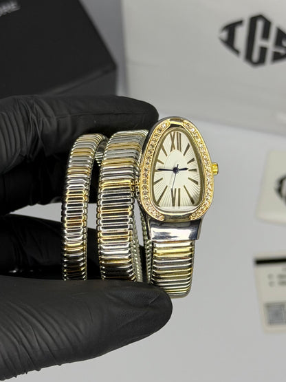 Serpenti Coil Snake Watch — Two-Tone Diamond Bezel Edition