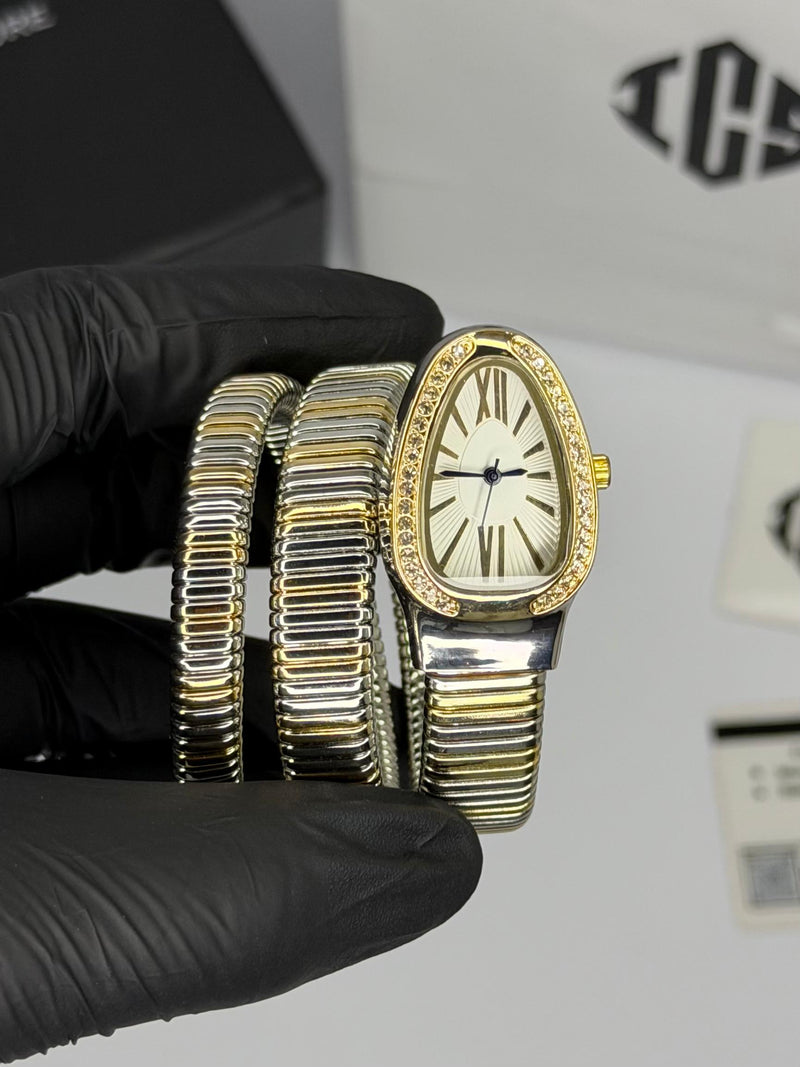 Serpenti Coil Snake Watch — Two-Tone Diamond Bezel Edition
